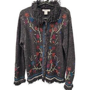 ARRIVISTE Gray Embroidered Floral Fringe Button Cardigan Sweater M Vintage 90’s